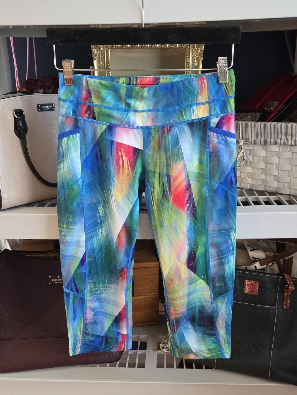Athleta Blue Teal Multicolor Capri Leggings with Back Zip Pocket